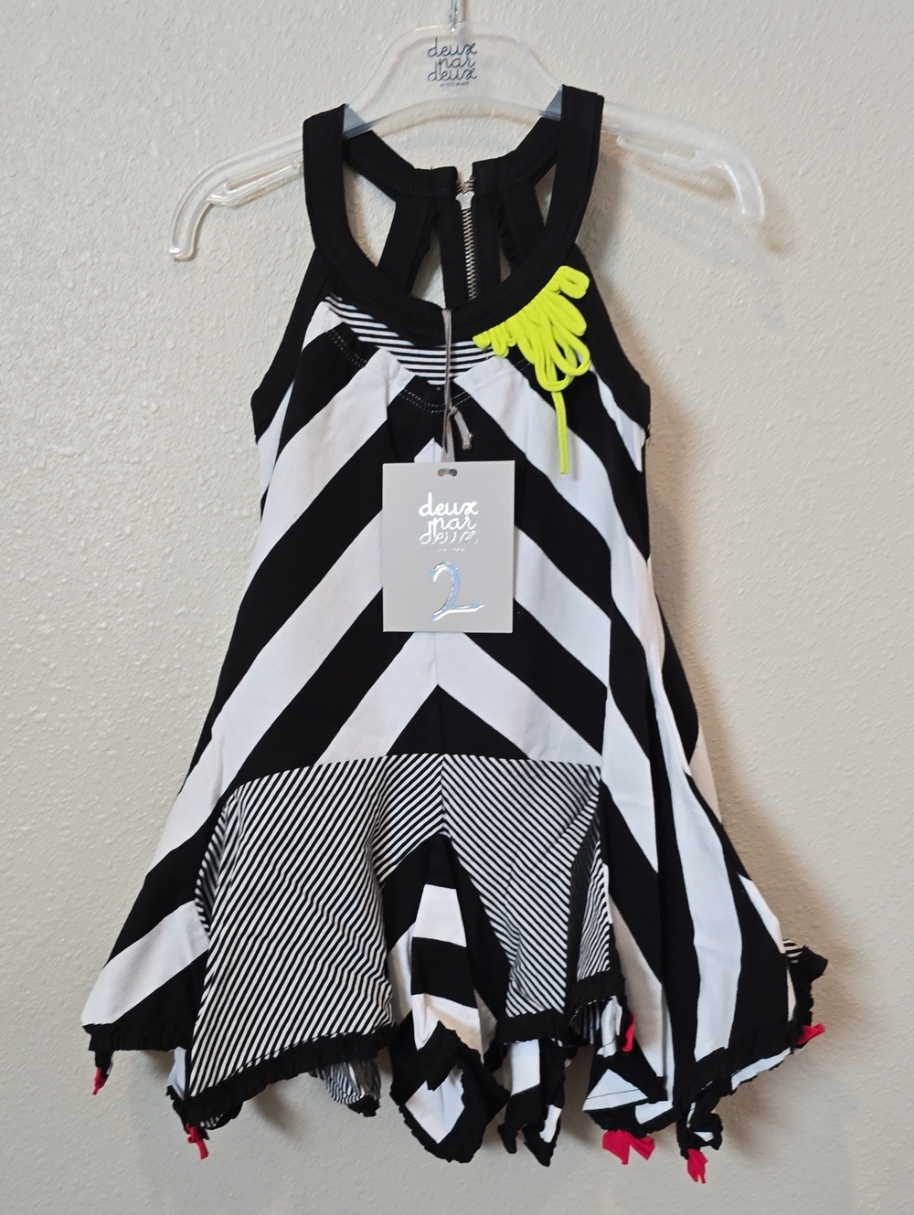 deux par deux Black & White Striped Tank Dress with Neon Yellow Tassel